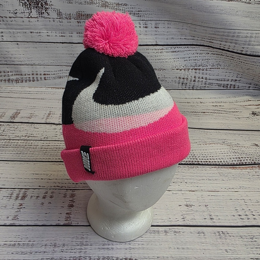 Nike Big Swoosh Knit Beanie Winter Pom Hat Pink White Black Youth‎ Acrylic